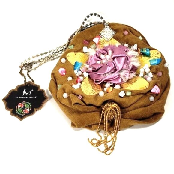 Brown Coin Purse with Pink Satin Flower, Gems & Gold Leaf – Statement Mini Bag - Picture 1 of 12